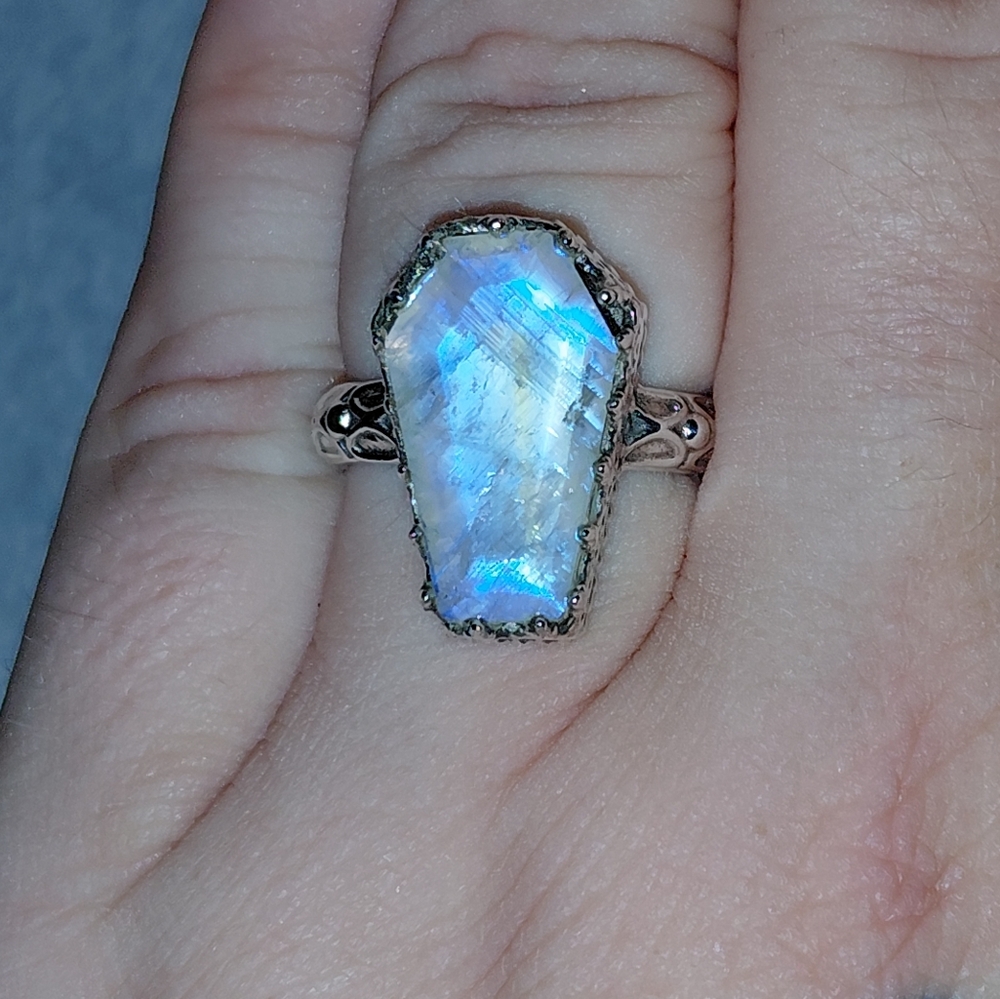 Vintage Style Rainbow Moonstone Sterling Silver Coffin Ring